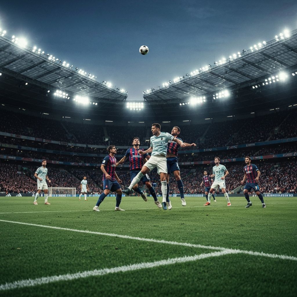 Football match action shot — two players competing for a header under stadium floodlights